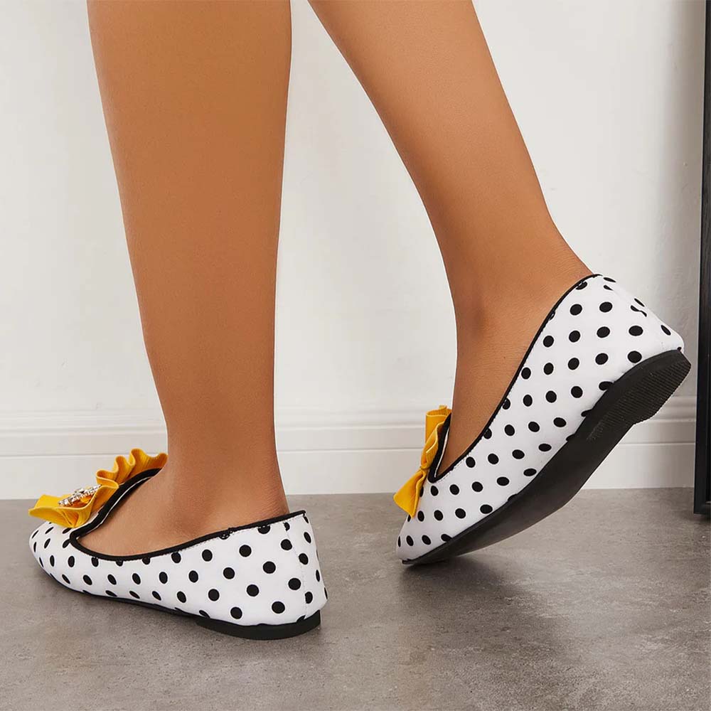 White & Black Polka Dot Round Toe Loafers With Yellow Fold Rhinestone Flower Decor Flats