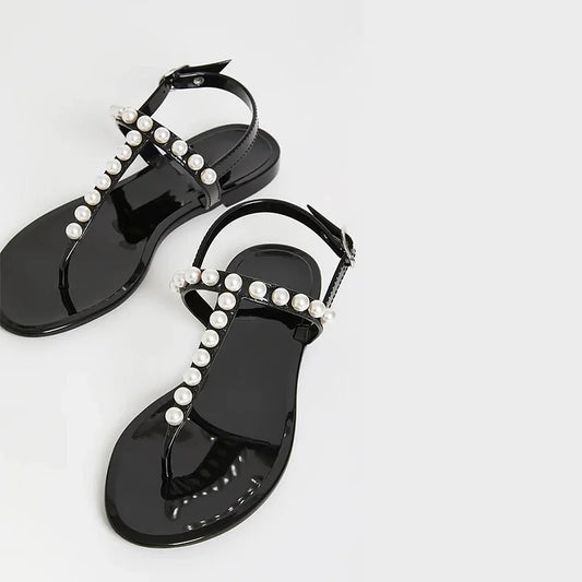 Black Summer Sandals Open Toe Pearl Ankle Strap Casual Flats