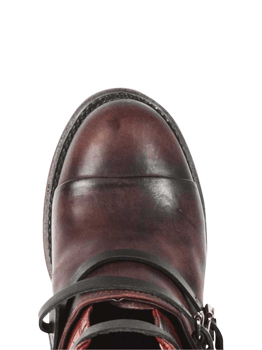 Brown Distressed Vegan Leather Round Toe Buckled Strappy Black Lacing Side-Zipper Ankle Boots With Chunky Heels