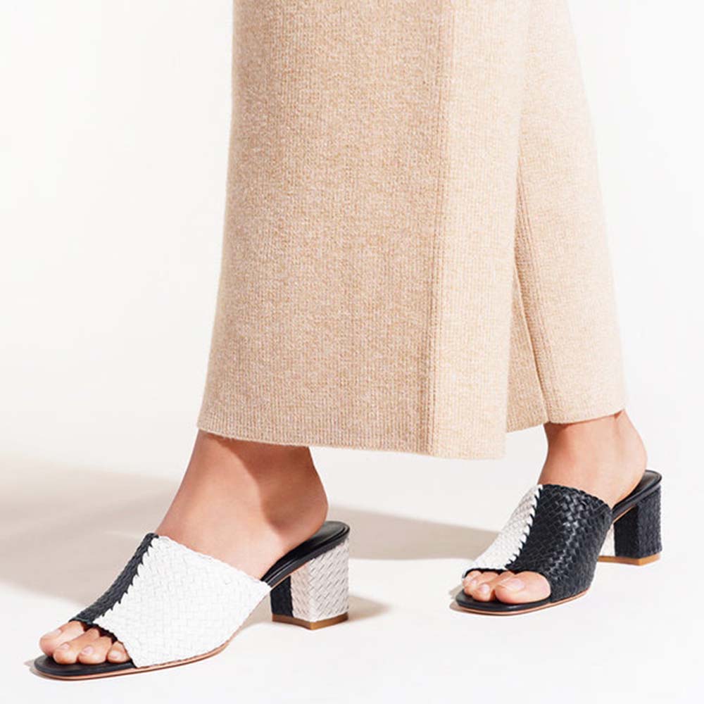 Black & White Woven Square Toe Block Heel Mules Sandals for Women
