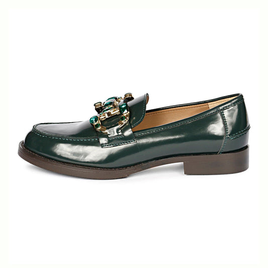 FSJ Luxurious Dark Green Round Toe Jewelry Flat Horsebit Loafers