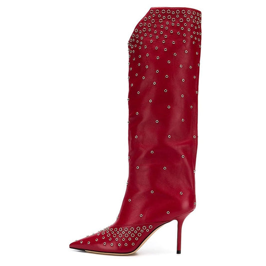 Red Studs Stiletto Heel Pointed Toe Knee High Boots
