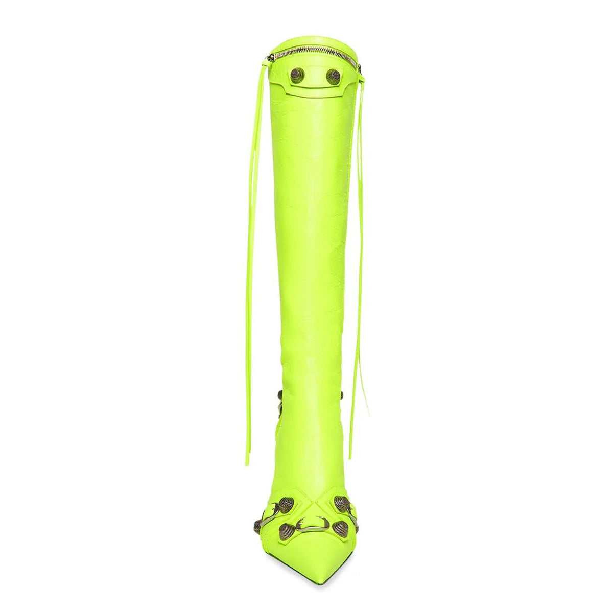 Lime Green Buckled Pointed Toe Studded Stiletto Heel Knee High Boots