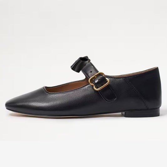 Black Square Toe Flats With Buckle Chunky Low Heels