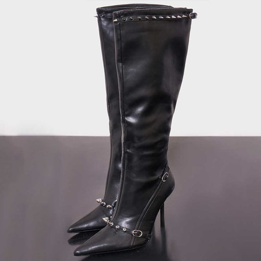 Black Pointed Toe Stiletto Heel Rivets Embellished Knee High Boots