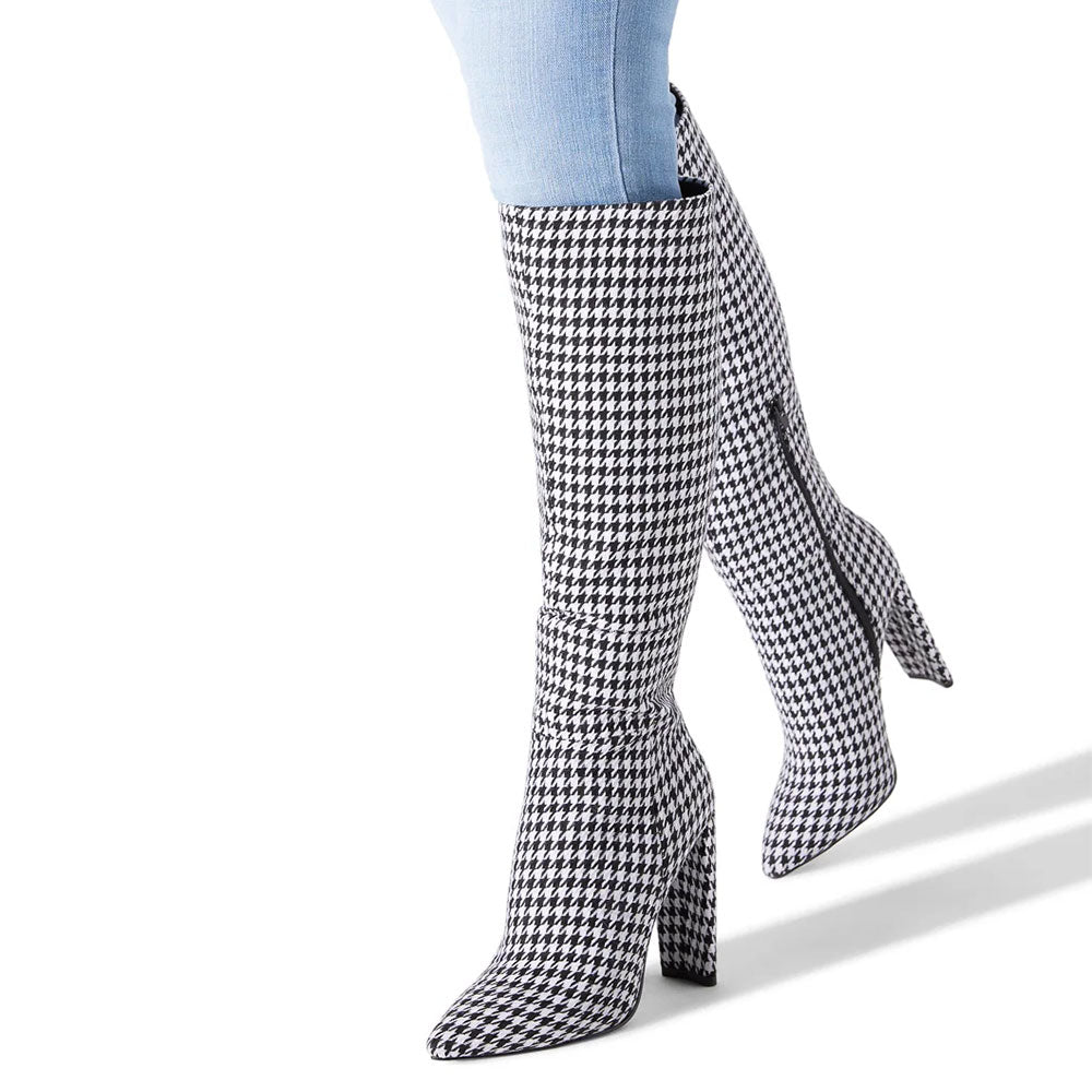 FSJ Black and White Houndstooth Chunky Heel Knee High Boots