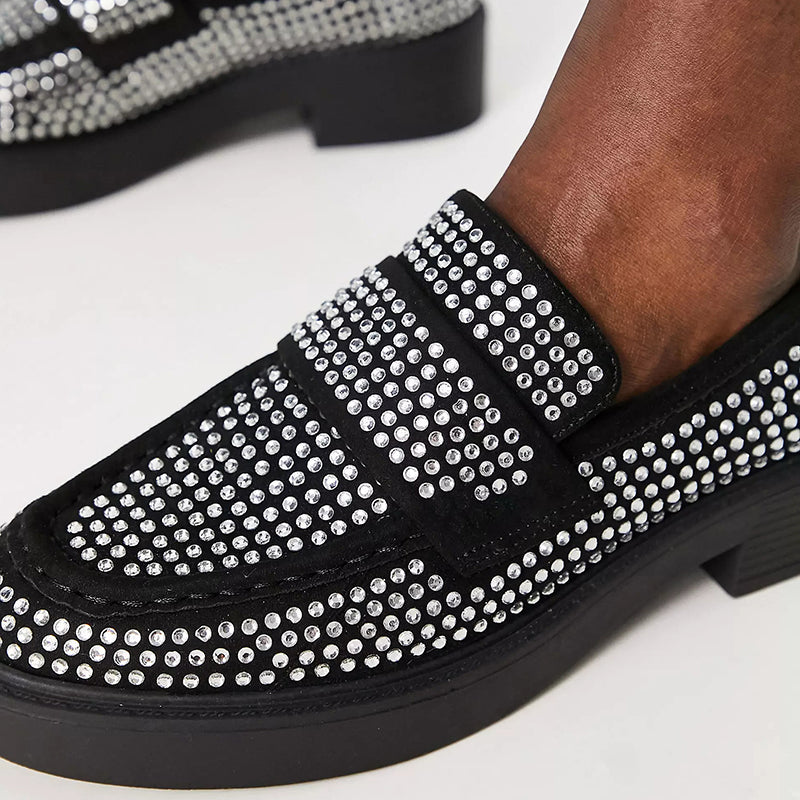 Black Round Toe Rhinestone Shoes Slip-on Chunky Loafers for Women