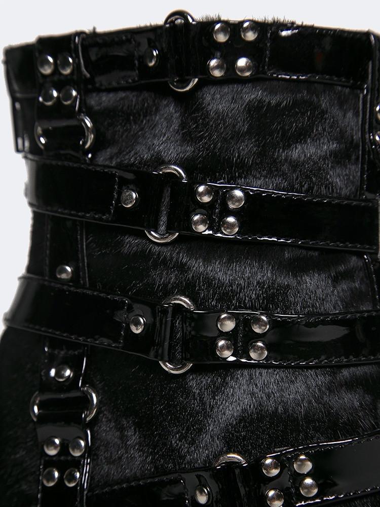Black Faux Fur Patchwork Buckle Strap Studded Heeled Ankle Boots