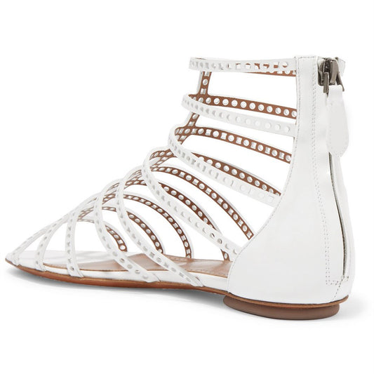 White Hollow Out Vintage Gladiator Sandals Open-Toe Summer Flats