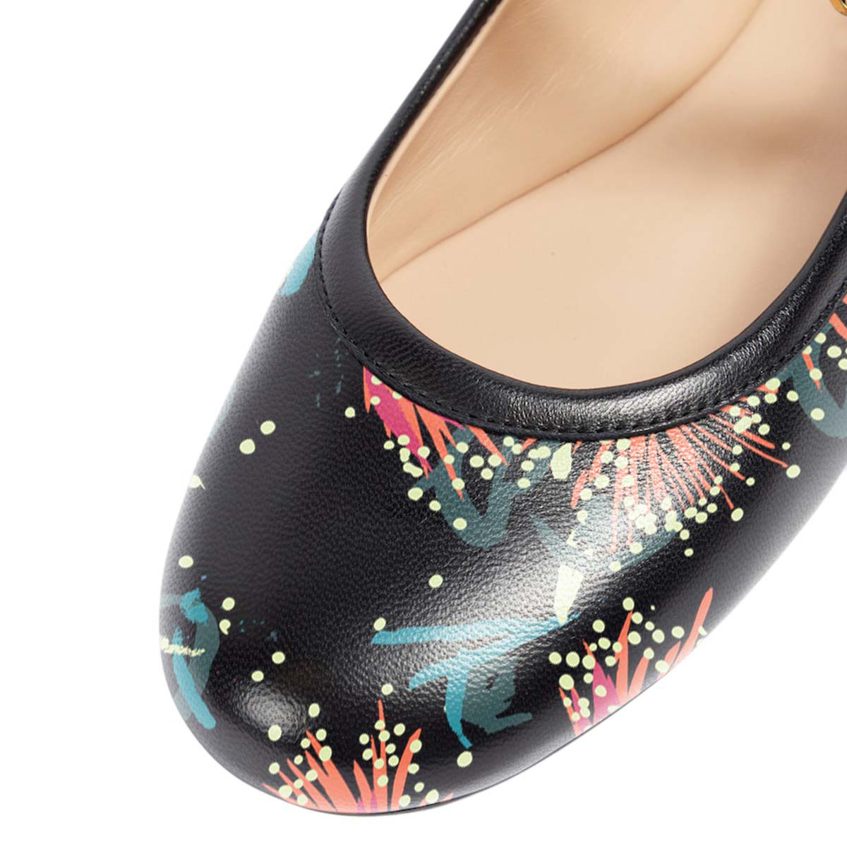 Black Vegan Leather Floral Print Round Toe Buckle Strap Flats