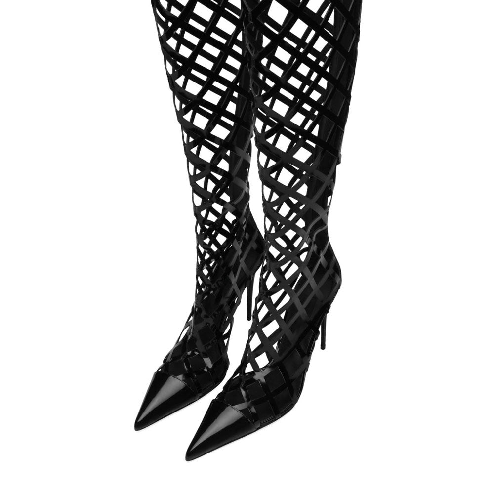 Black Pointed Toe Caged Design Stiletto Heel Knee High Boots