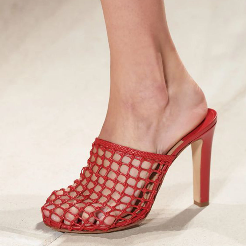 Red Hollow Out Woven Mules Shoes Women's Round Toe High Heels