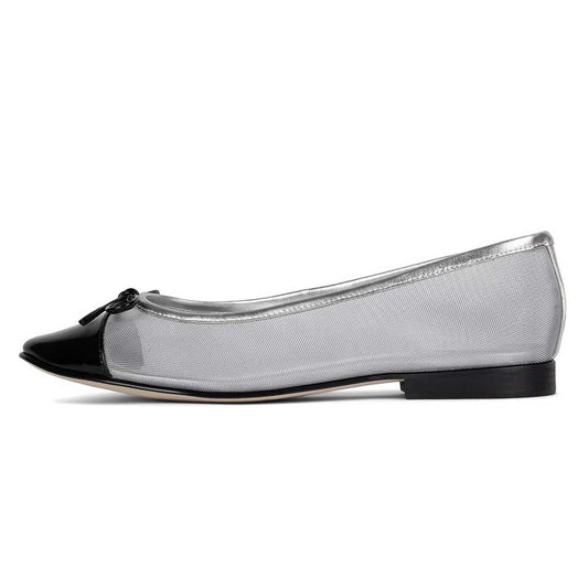 Black & Silver Mesh Round Toe Ballet Flats with Bow