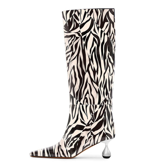 Beige and Black Zebra Print Knee High Boots with Decorative Heels