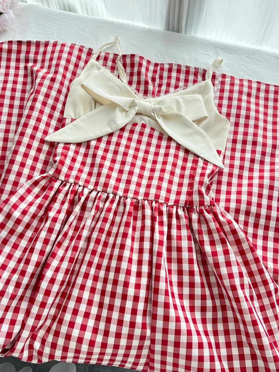 Retro Red And White Plaid A-line Bow Strap Long Prom Dress 17th Birthday Dress P4004