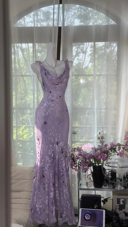 Elegant Purple Mermaid Printed Boat Neck Chiffon Long Prom Dress Evening Dress P4040