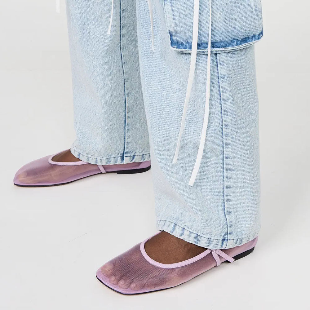 Lavender Mesh Square Toe Buckled Bridge Strap Mary Jane Flats