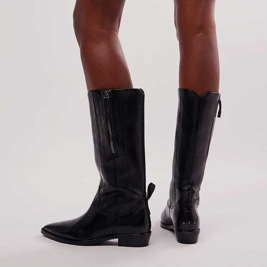 Black Pointed Toe Low Heel Mid Calf Boots for Women with Zipper