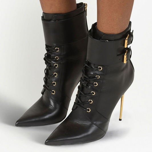 Black Faux Leather Stiletto Heel Lace Up Buckle Pointy Toe Ankle Boots