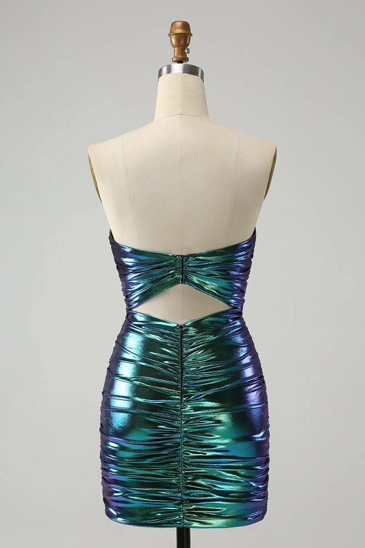 New Fashion Sparkly Teal Blue Ruched Design A-line Bodycon Strapless Short Homecoming Dress TP3458