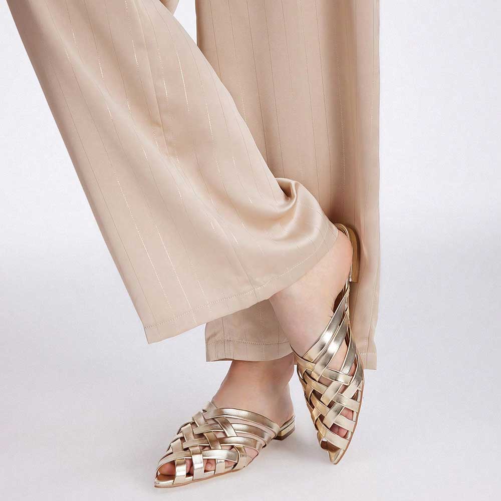 Metallic Finish Woven Pointed Toe Flat Gold Mules for Women