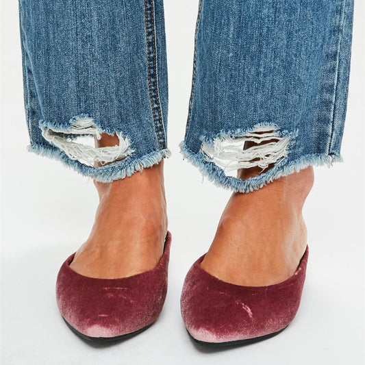 Women's Pink Velvet Pearl Embellished Comfortable Flat Mules