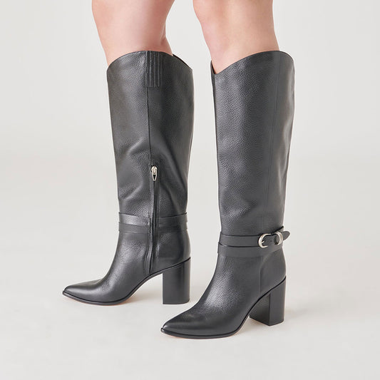 Black Buckle Strap Pointed Toe Block Heel Knee High Boots with Zipper