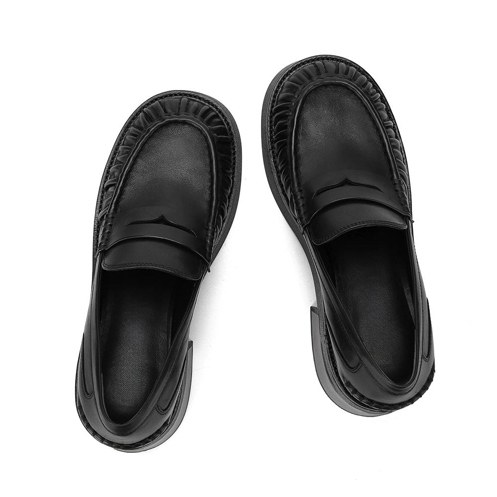 Black Round Toe Pleated Details Chunky Heel Platform Loafers