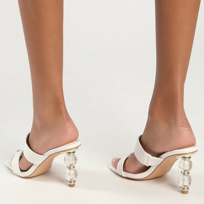 White Square Toe Double Strap Clear Sculptural Heel Mules Sandals