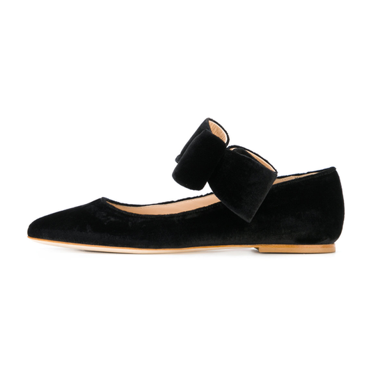 Black Velvet Cute Bow Pointy Toe Flats US Size 3 -15