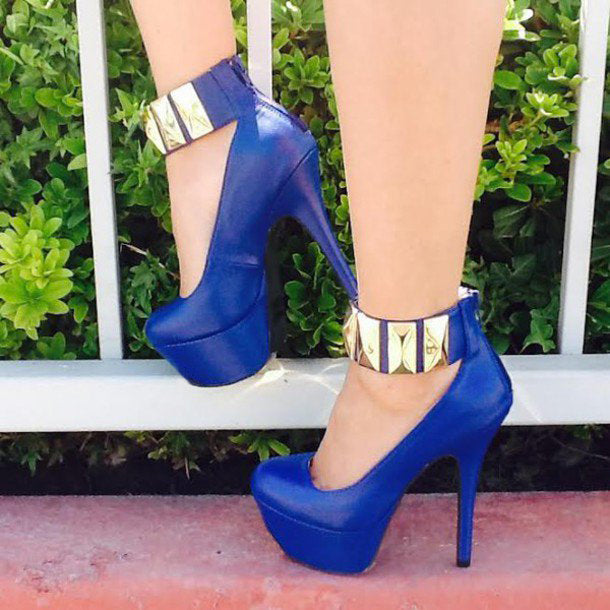 Women's Royal Blue Metal Ankle Strap Heels Platform Pumps