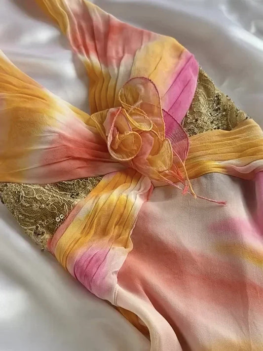 Vintage Chiffon Halter-neck Prom Dress Sheath Ruffled Evening Dress Formal Dress TP4673