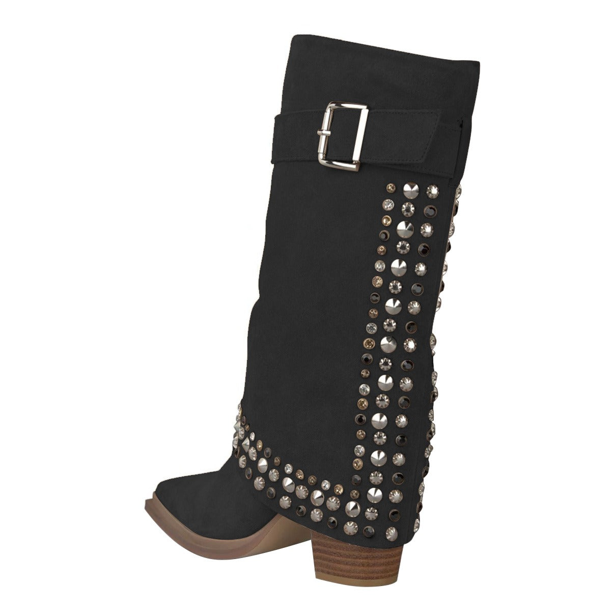 Black Vegan Suede Chunky Heel Studded Fold-Over Mid Calf Boots