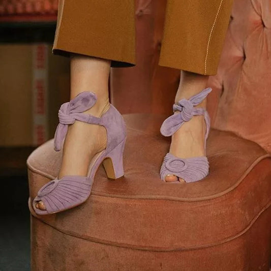 Women's Purple Vegan Suede Peep Toe Pleated Ankle Strap Heels Sandals