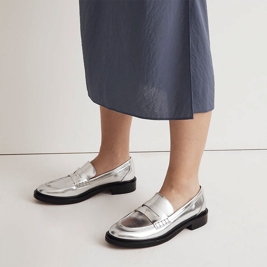 Silver Metallic Finish Round Toe Flat Penny Loafers for Women