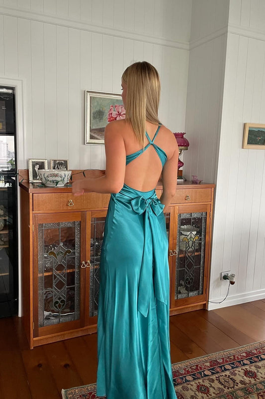 Turquoise Twist Sheath Silk Long Formal Dresses for Party Events