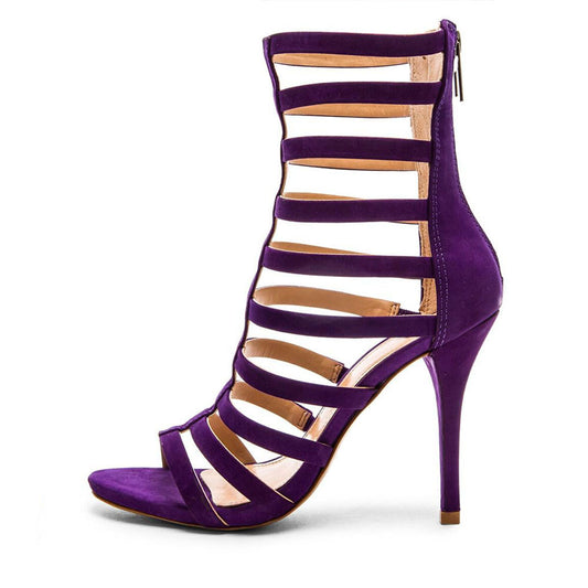 Purple Gladiator Heels Open Toe Vegan Suede Cage Sandals