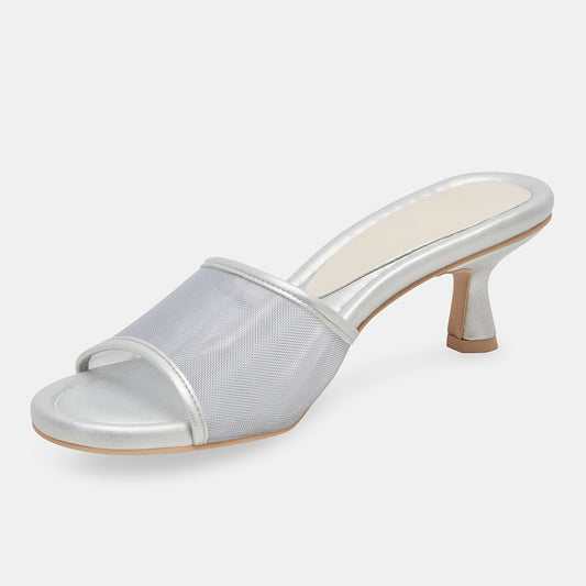 Vegan Leather Mesh Wide Band Women's Silver Mules with Kitten Heels