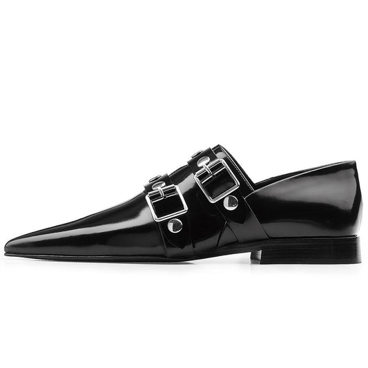 Black Patent Leather Pointed-Toe Buckle Strap Flats with Studs