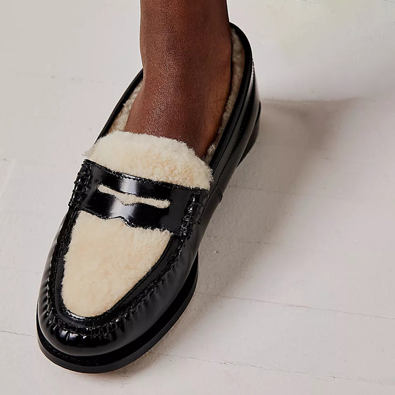 Black & Ivory Round Toe Winter Flats Furry Penny Loafers Women