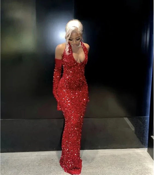 Enchanting Glittering Sequin Beaded Mermaid Halter-neck Prom Dress Party Dress Evening Dress TP4508