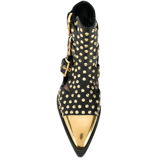 Black Cut Out Buckle Strap Gold Pointed Toe Ankle Boots with Studs