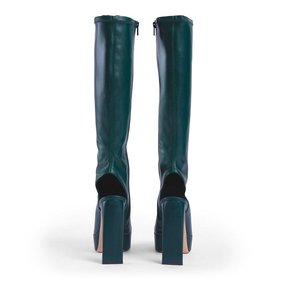 Dark Green Square Toe Backless Chunky Heel Platform Knee High Boots