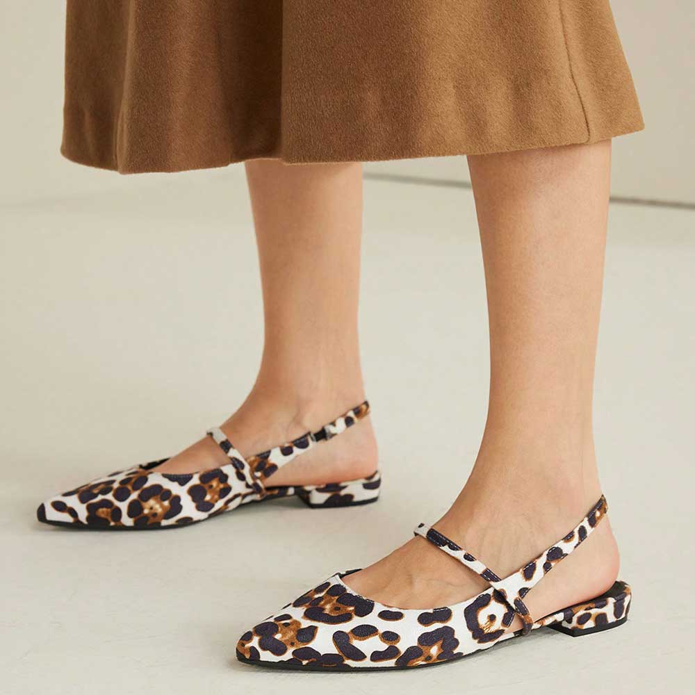 White & Brown Vegan Suede Leopard Print Pointy Toe Slingback Flats