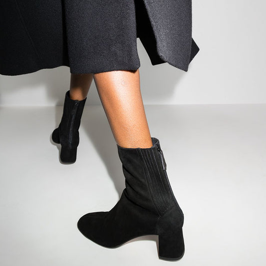 Black Suede Closed Toe Chunky Heel Winter Ankle Boots