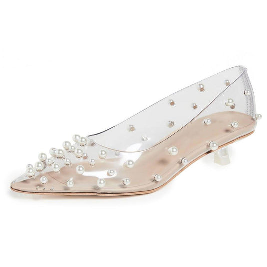 Women's Pearls Embellishment Clear Shoes Pointed Toe Kitten Heel Pumps