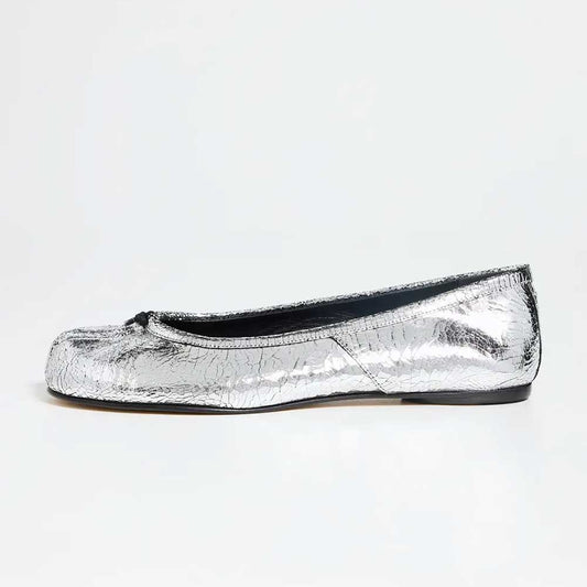 Silver Crinkled Metallic Split Round Toe Flats with Decorative Knot