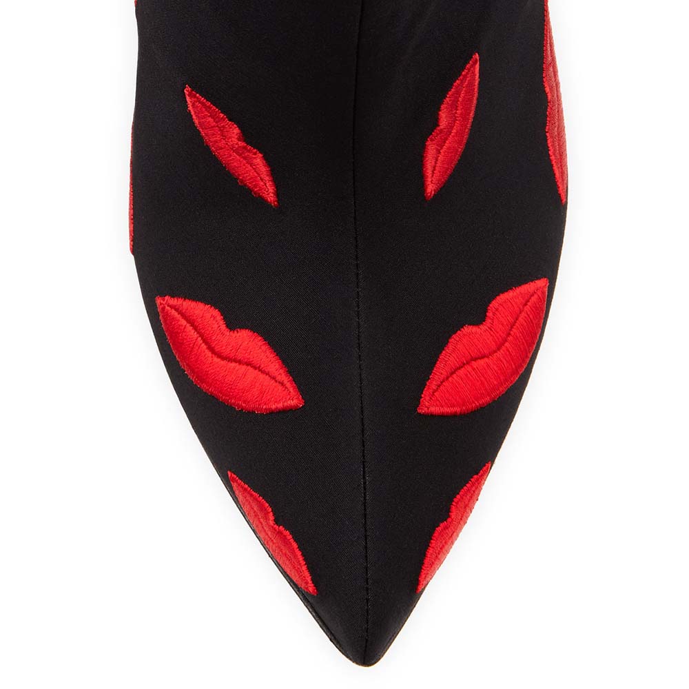 Black Ankle Boots Lips Embroidered Stiletto Heel Booties for Women