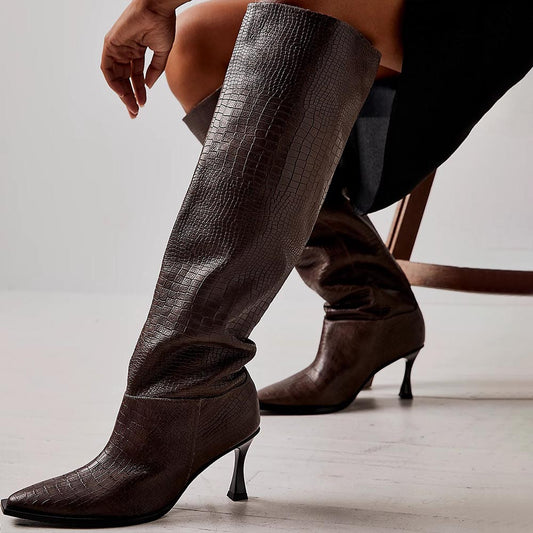 Brown Snip Toe 3'' Kitten Heel Wide Calf Croc Embossed Knee High Boots