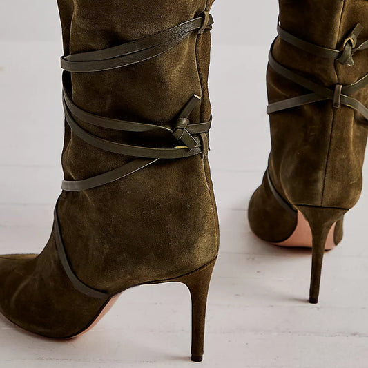Dark Olive Vegan Suede Stiletto Heel Lace Up Detail Mid Calf Boots
